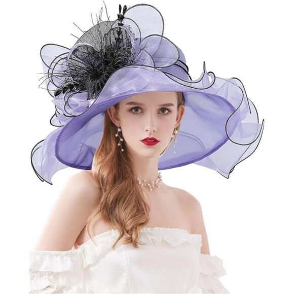 Women Hat Wide Brim Tea Party Fascinator Violet Black